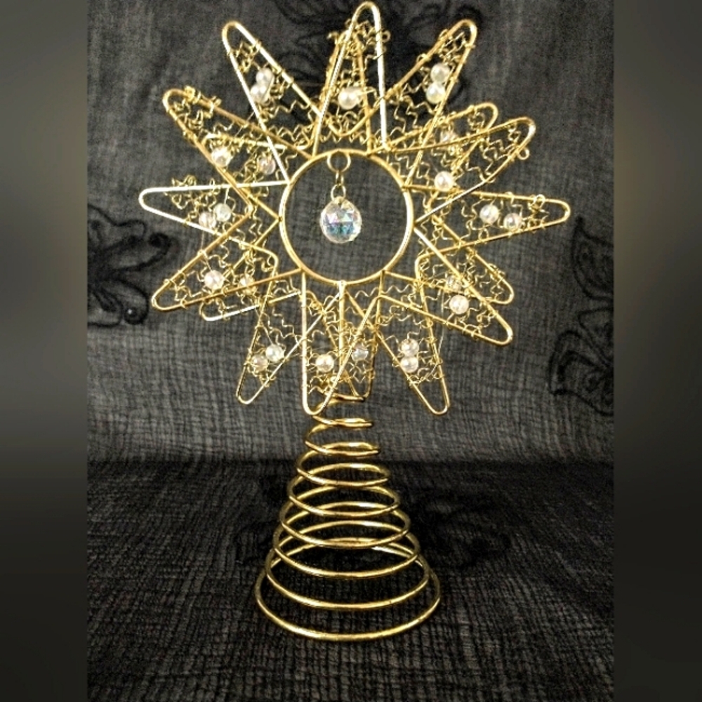 Vintage Mid Century - Gold Tone Metal, Wire, Iridescent Beading Tree Topper